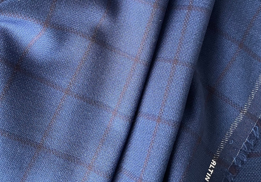 Selvedged Royal Windowpane Plaid Stretch Wool  (Made in Turkey)