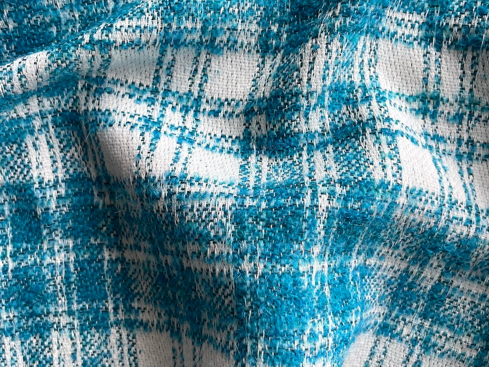 Peppy Turquoise & Winter White Plaid Wool Bouclé  (Made in Italy)