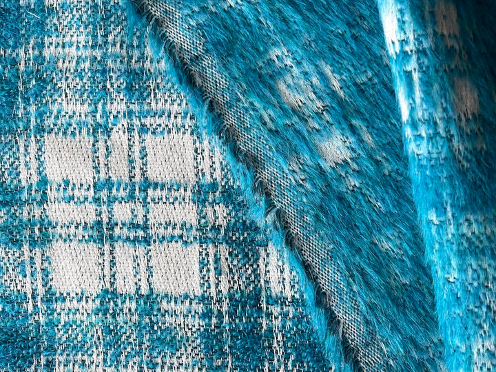 Peppy Turquoise & Winter White Plaid Wool Bouclé  (Made in Italy)