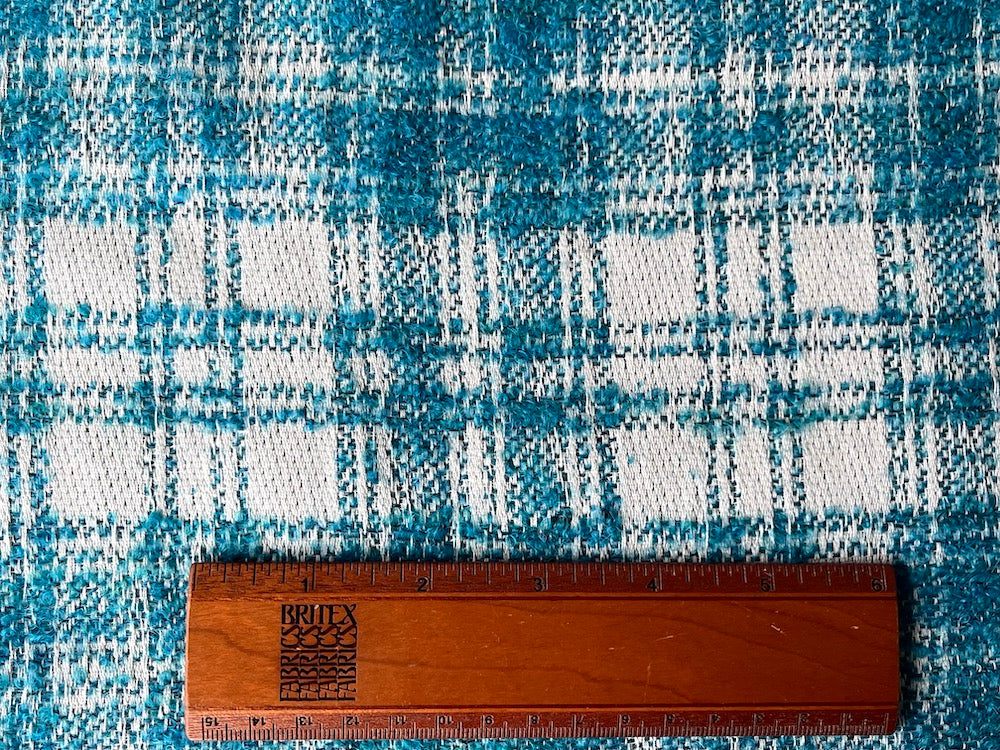 Peppy Turquoise & Winter White Plaid Wool Bouclé  (Made in Italy)