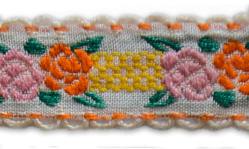 3/4" Orange & Pink Fleurs Scalloped Woven Ribbon